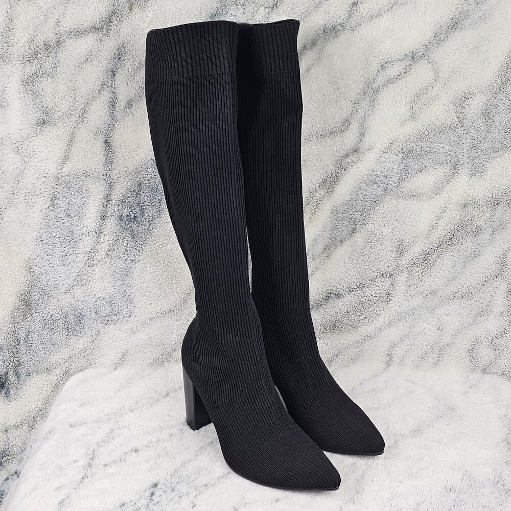 Dolls Kill Lady Go Diva Sz 10 Ribbed Knit Knee High Heeled Boots Stretchy Calf